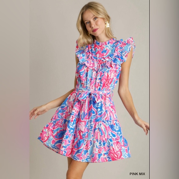 Umgee Dresses & Skirts - Umgee Pink Two Tone Watercolor Print Fit and Flare Ruffle Dress
